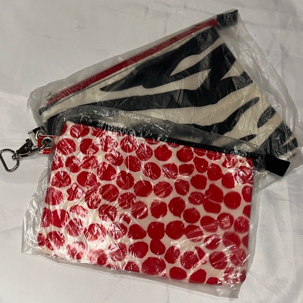 Set of 2 Canvas Zipper Pouches Zebra Stripe and Red Polka Dot Travel Bags‎